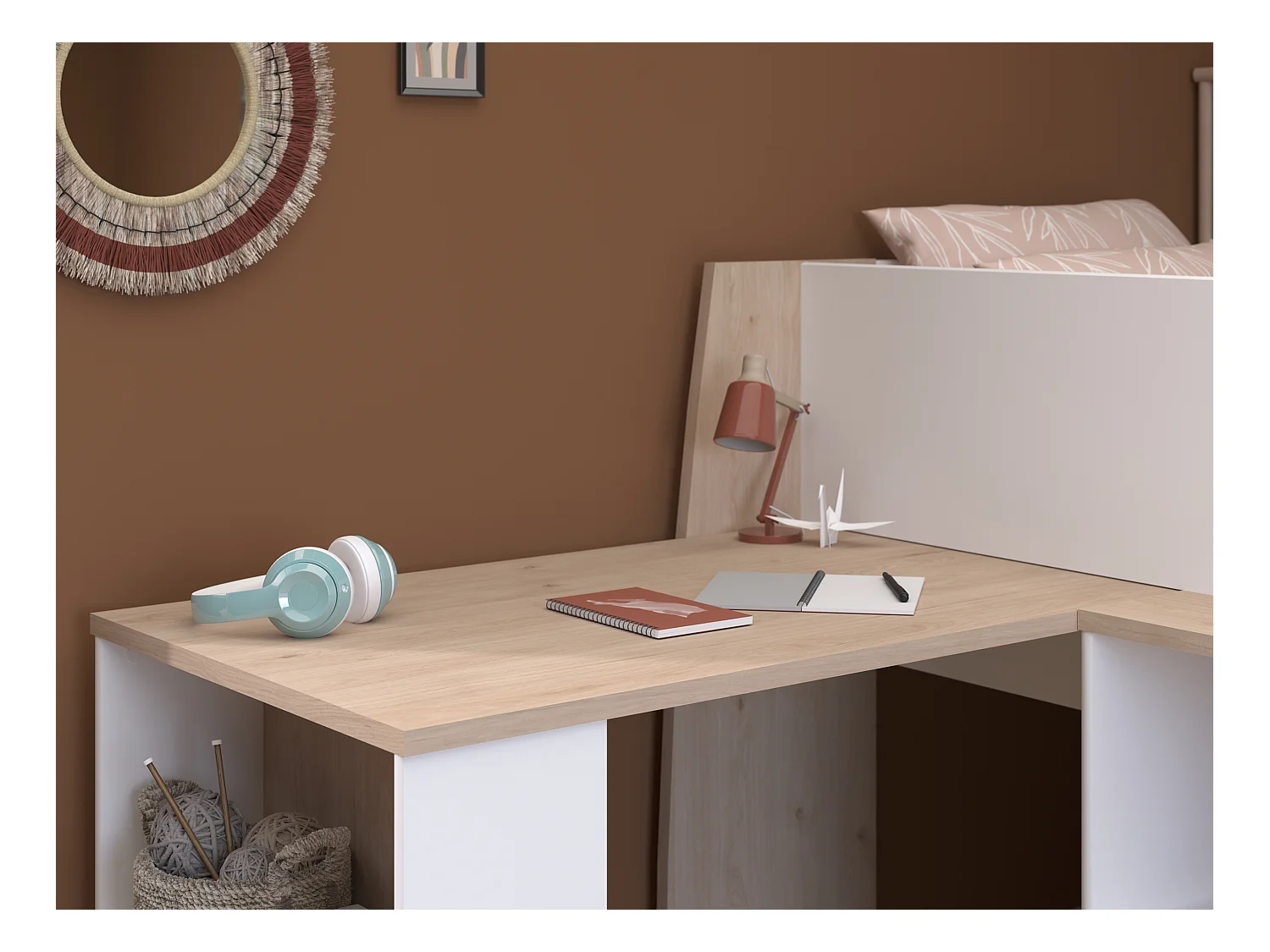 Lit combiné 90 x 200 cm avec bureau et rangements - Blanc et naturel - APOLINO