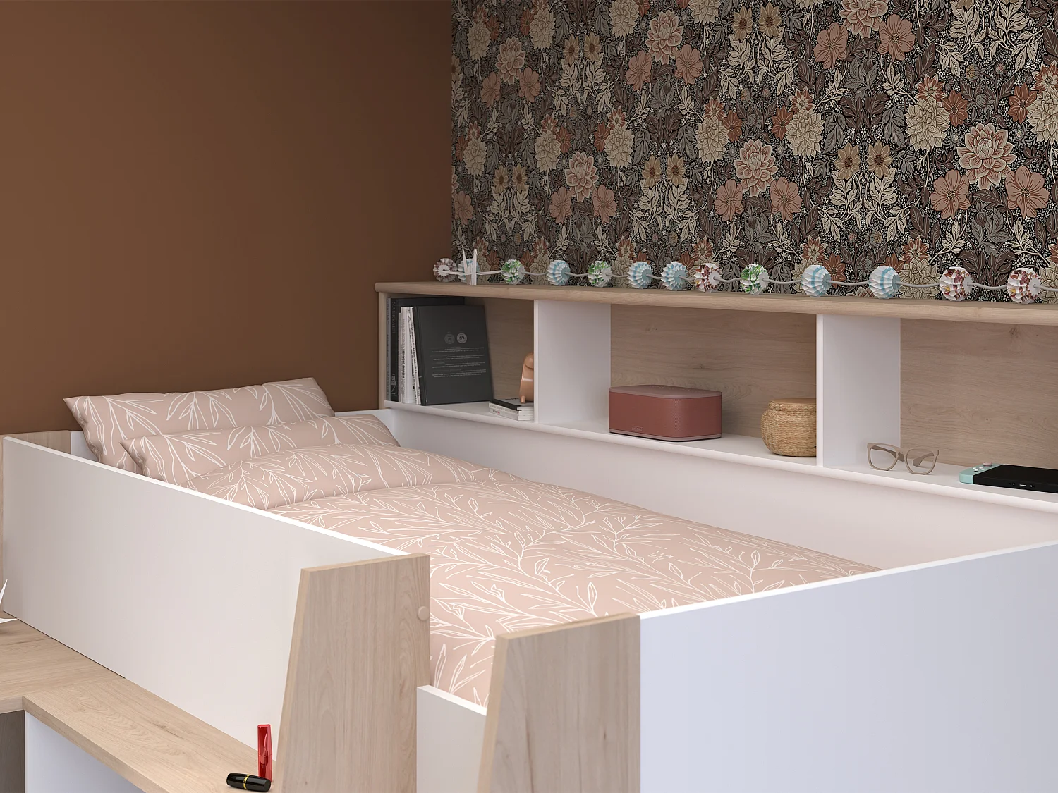 Kombibett - 90 x 200 cm - mit Schreibtisch & Stauraum - Weiß & Holzfarben - APOLINO