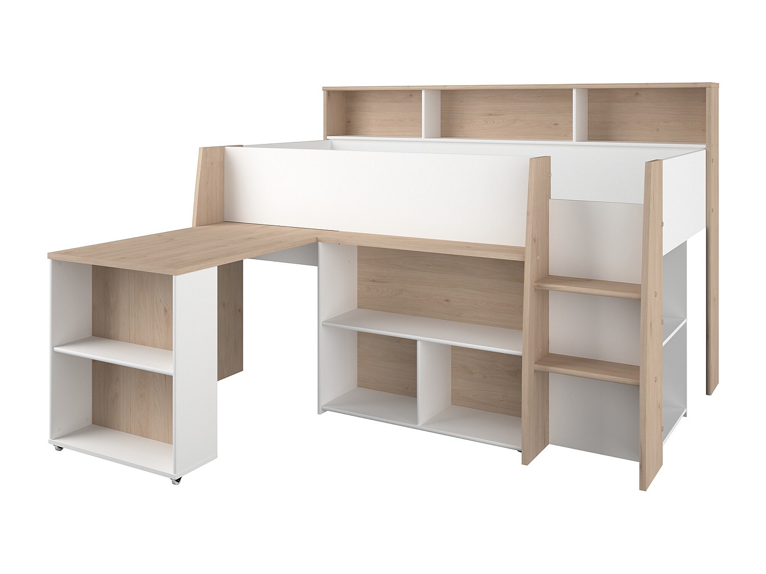 Kombibett - 90 x 200 cm - mit Schreibtisch & Stauraum - Weiß & Holzfarben - günstig online kaufen