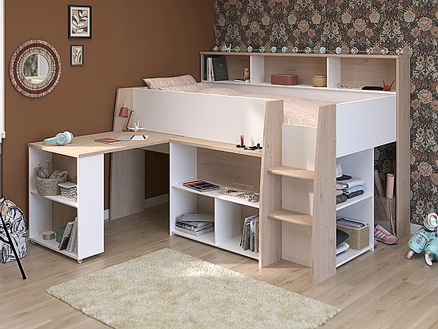 Lit combiné 90 x 200 cm avec bureau et rangements - Blanc et naturel - APOLINO