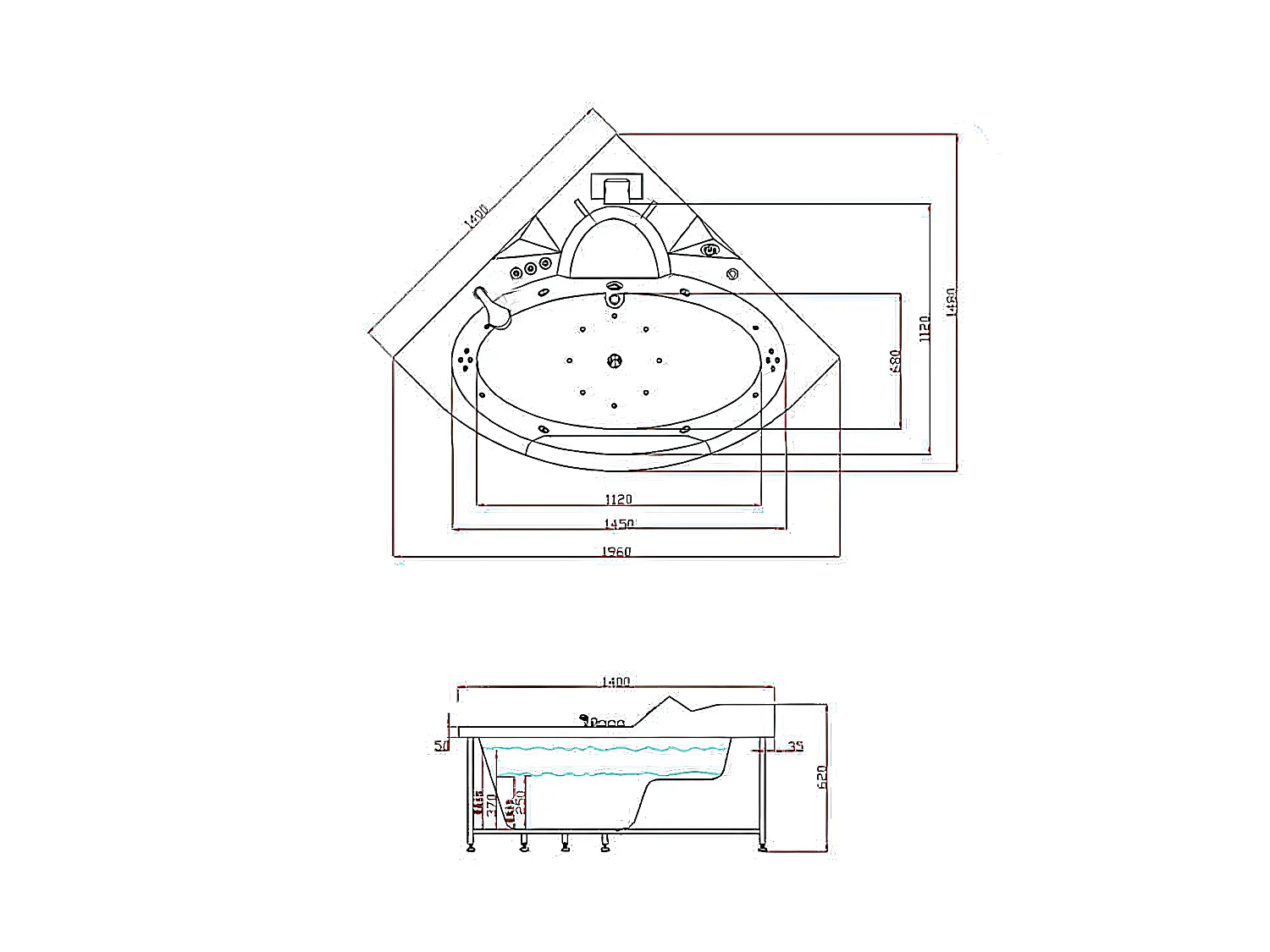 Baignoire Hydromassage Chromotherapie 140 X 140 cm avec chauffage et double pompe 20 jets – Camelia