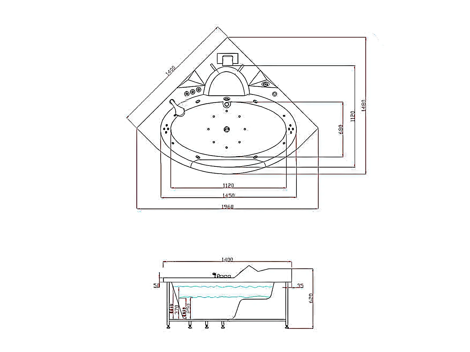 Whirlpoolbadewanne 140 x 140 cm weiß Doppelpumpe und Heizung 20 Düsen - Camelia