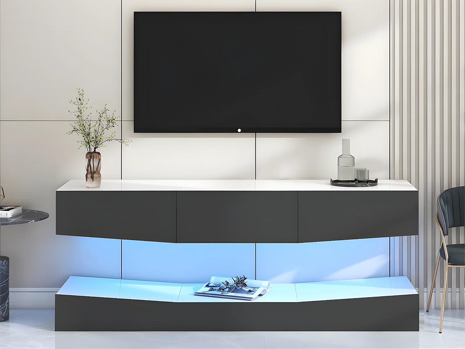 Mobile TV sospeso 180 cm con LED - 3 cassetti - Nero