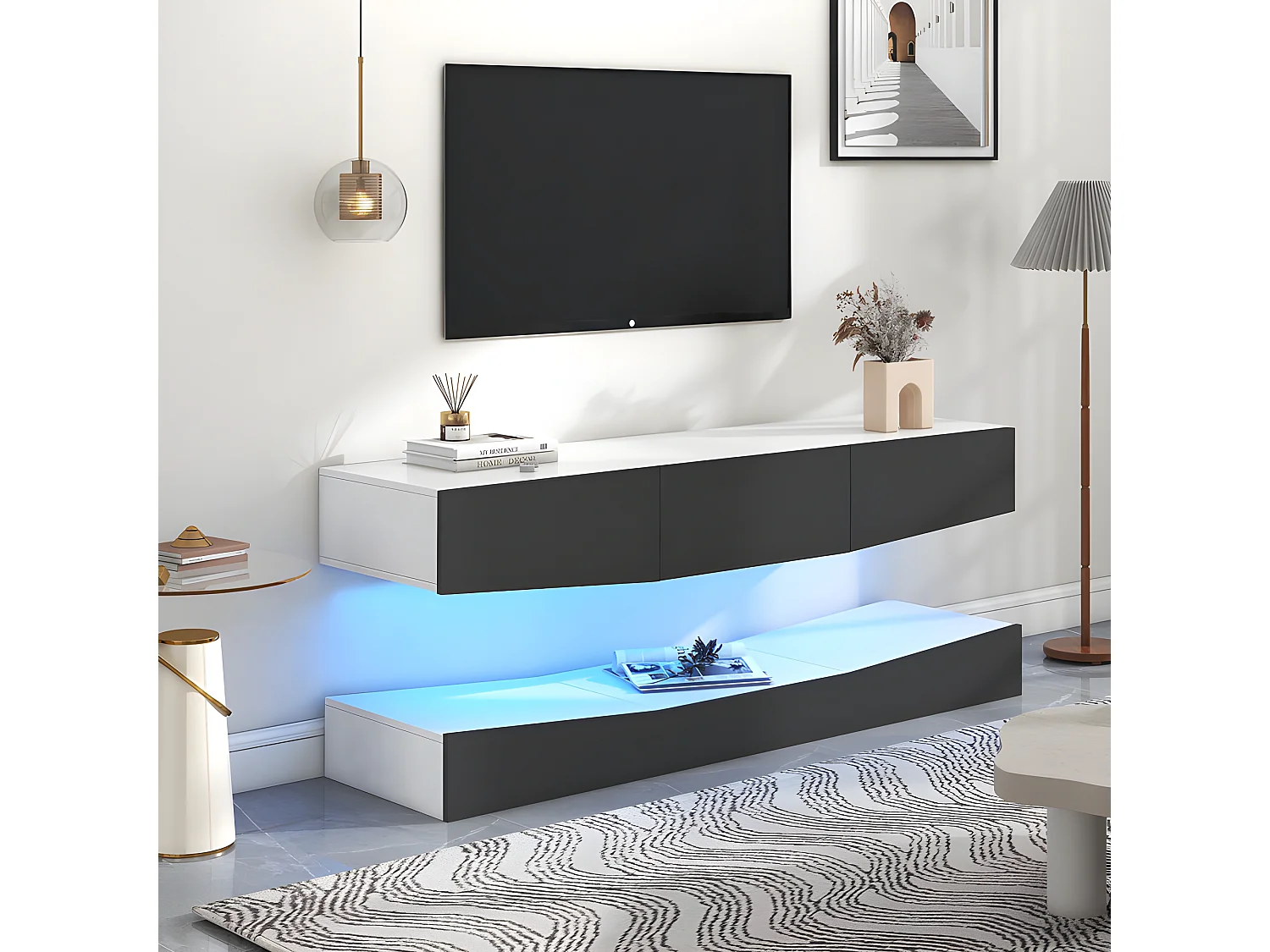 Mobile TV sospeso 180 cm con LED - 3 cassetti - Nero