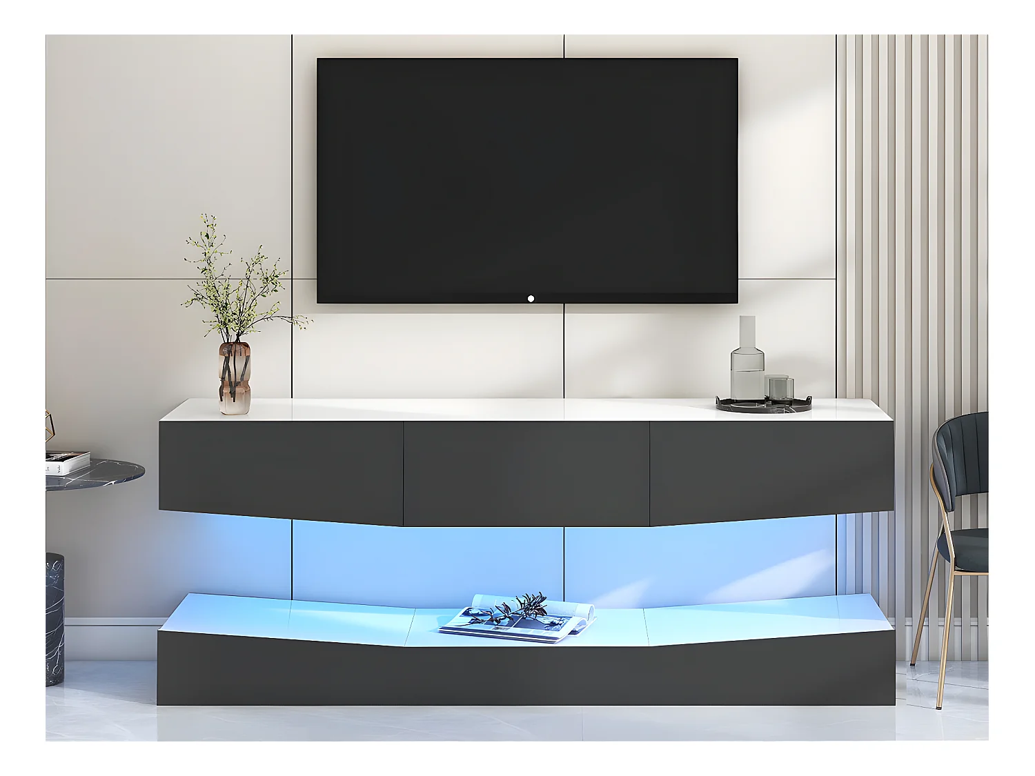 Meuble TV suspendu 180cm avec LED - 3 tiroirs - Noir