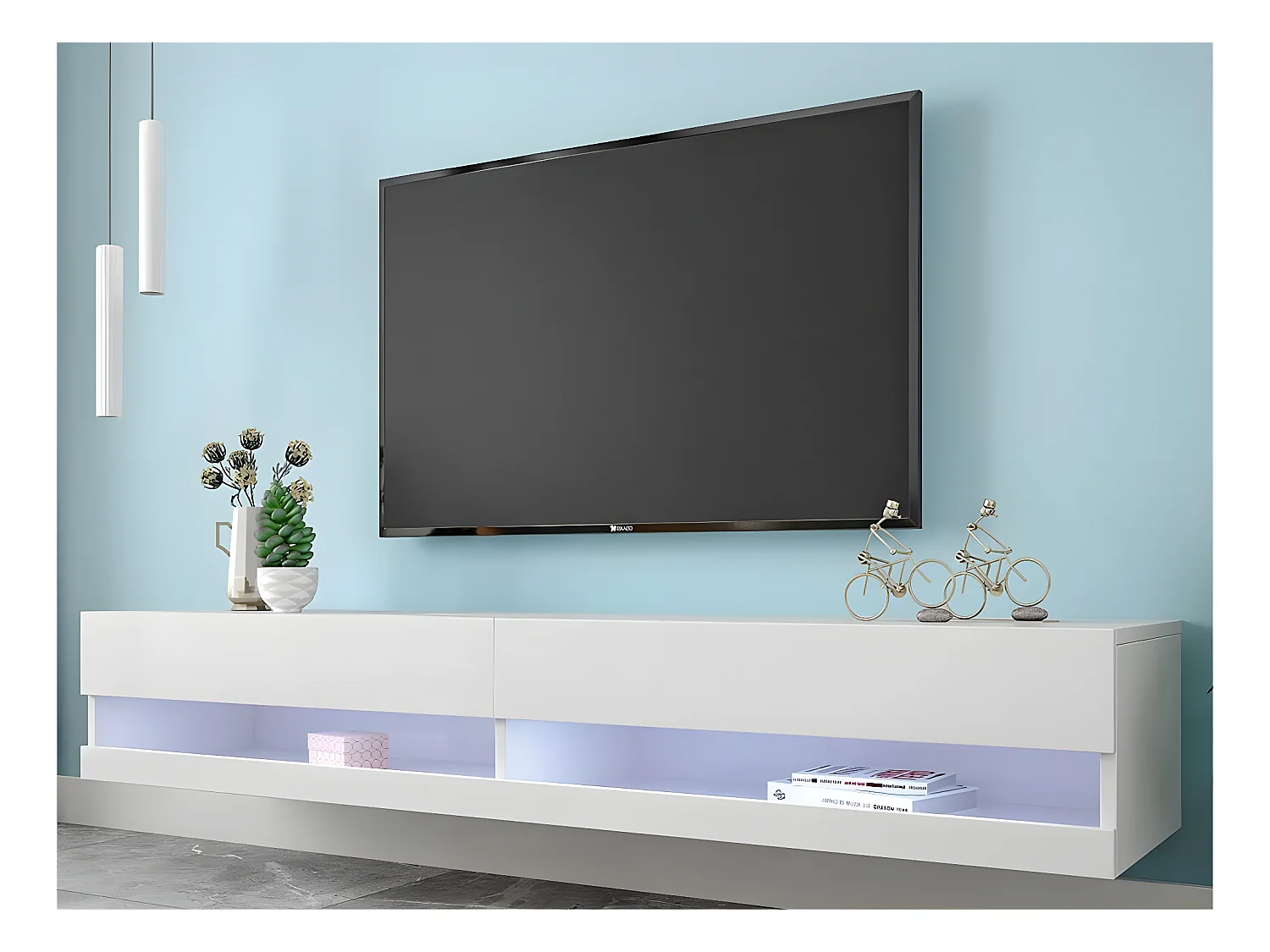 Banc TV suspendu 140 cm avec LED - Blanc