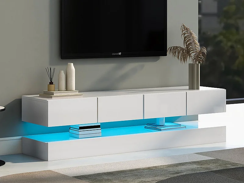 Meuble TV suspendu 130cm - avec LED - 4 tiroirs - Blanc