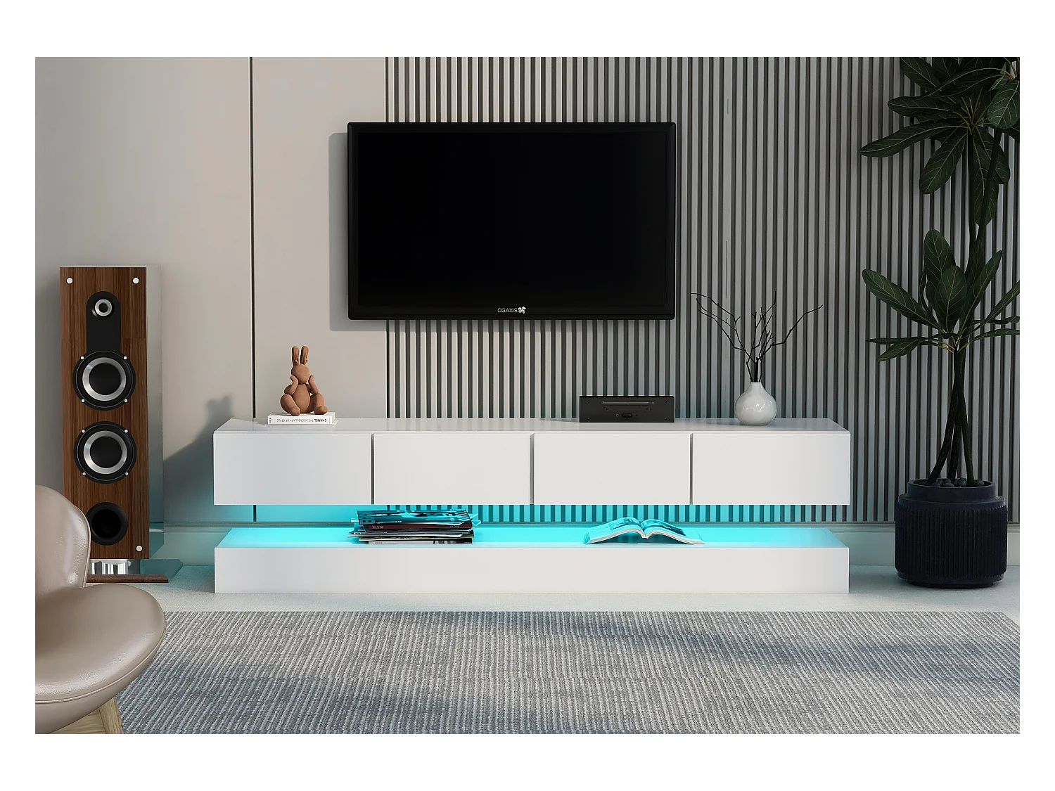 Hängendes TV-Möbel 130 cm – mit LED – 4 Schubladen – Weiß
