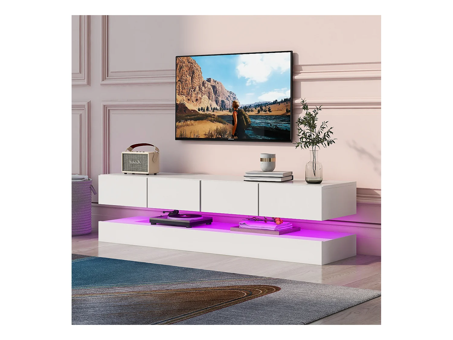 Hängendes TV-Möbel 130 cm – mit LED – 4 Schubladen – Weiß