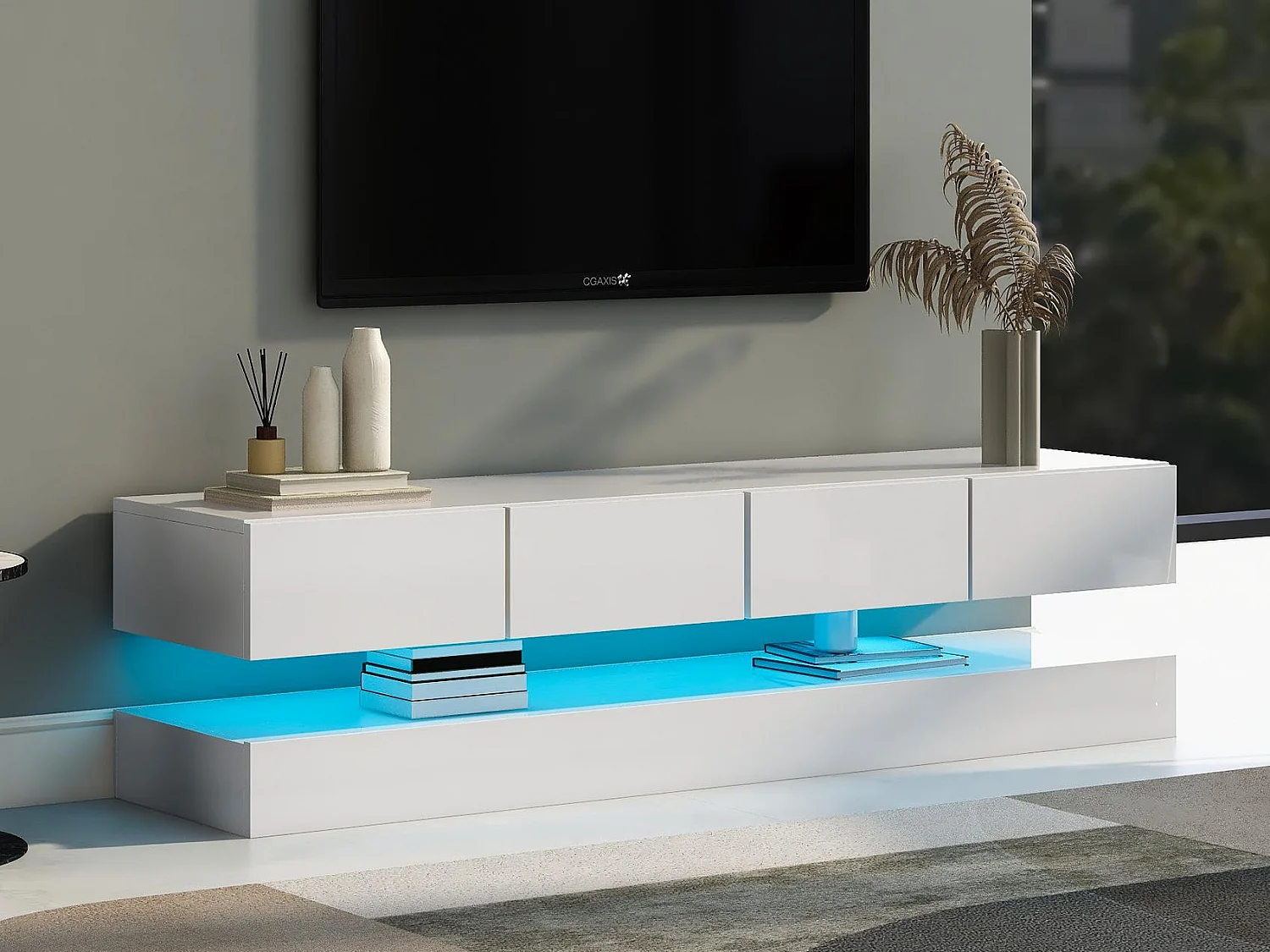 Meuble TV suspendu 130cm - avec LED - 4 tiroirs - Blanc