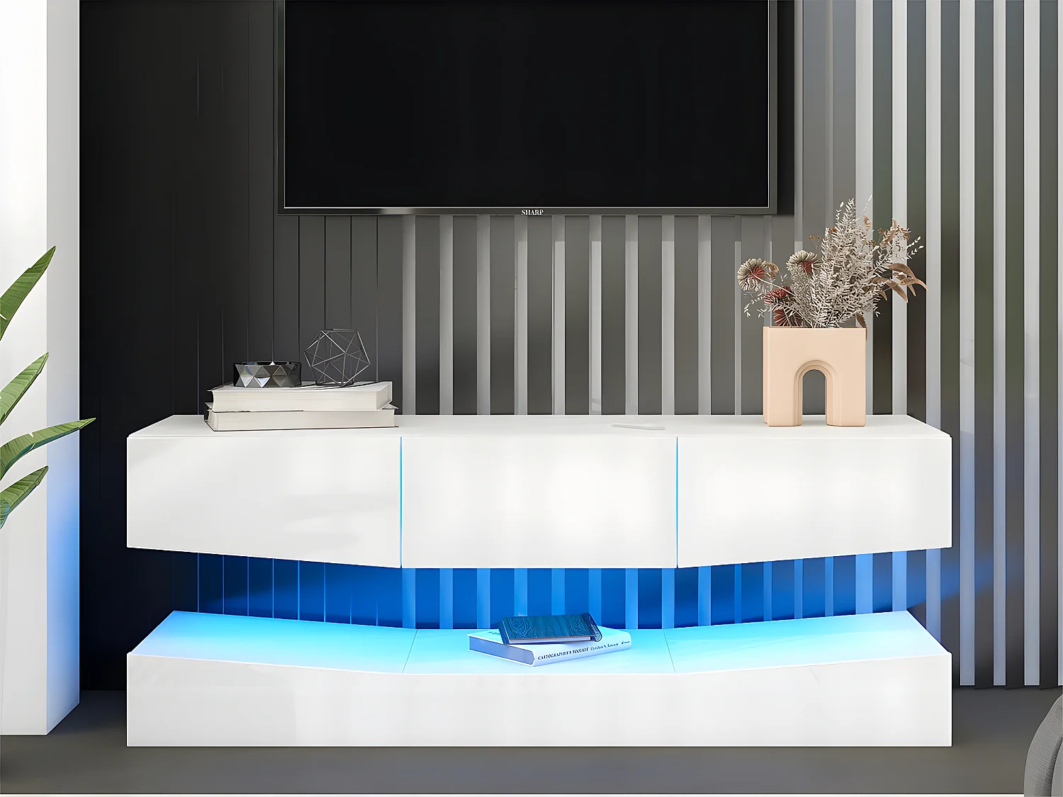Hangend TV-meubel 180cm met LED - 3 lades - Wit