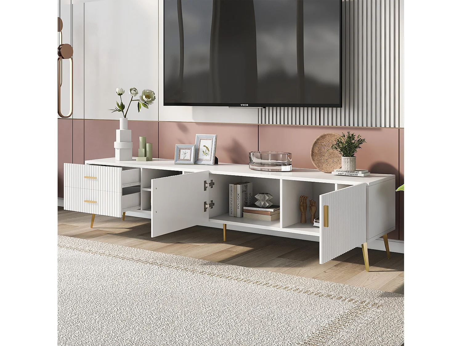 Eigentijds Scandinavisch tv-meubel 180 cm voor 75" tv - 2 laden en 3 vakken - wit