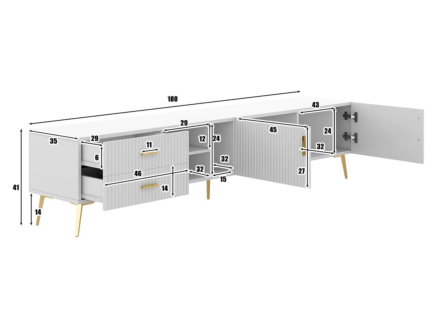 Eigentijds Scandinavisch tv-meubel 180 cm voor 75" tv - 2 laden en 3 vakken - wit