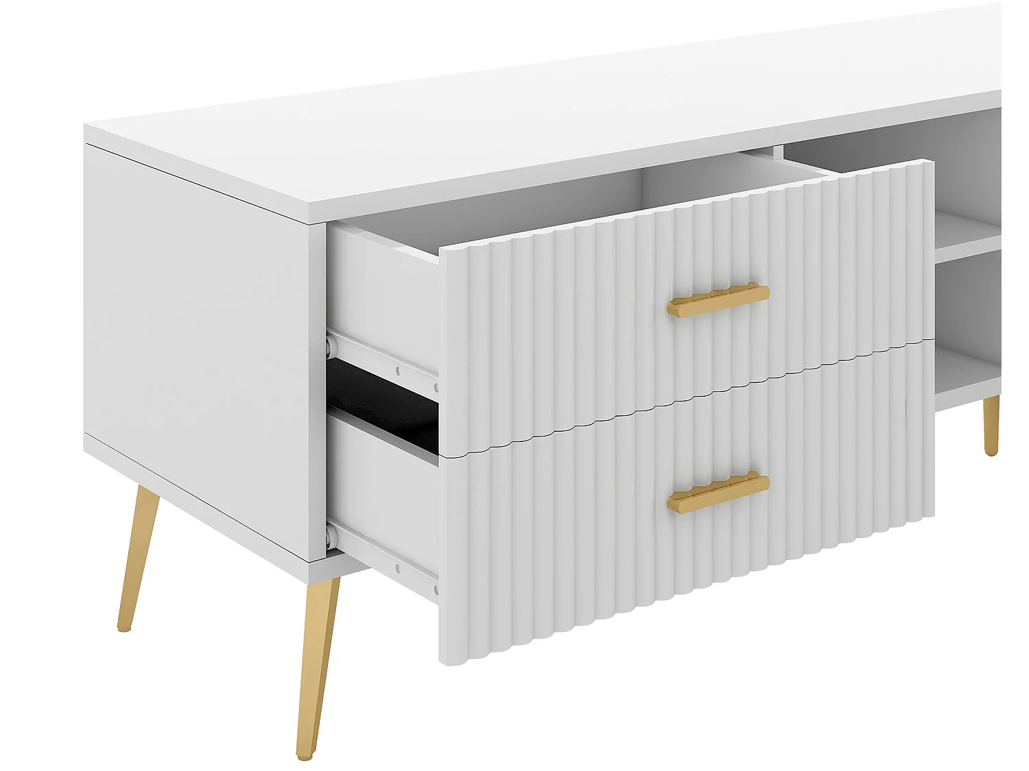 Eigentijds Scandinavisch tv-meubel 180 cm voor 75" tv - 2 laden en 3 vakken - wit