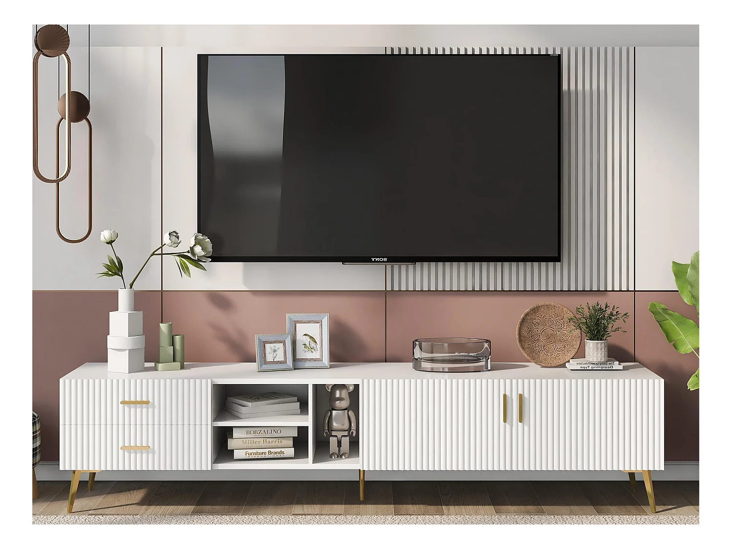 Mobile TV scandinavo contemporaneo 180 cm per TV 75" - 2 cassetti e 3 scomparti - bianco