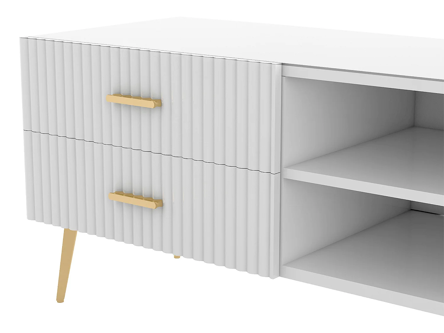 Zeitgenössischer skandinavischer TV-Schrank 180 cm für 75-Zoll-Fernseher – 2 Schubladen und 3 Fächer – weiß