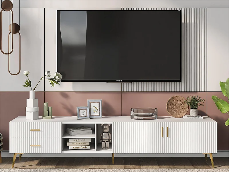 Zeitgenössischer skandinavischer TV-Schrank 180 cm für 75-Zoll-Fernseher – 2 Schubladen und 3 Fächer – weiß