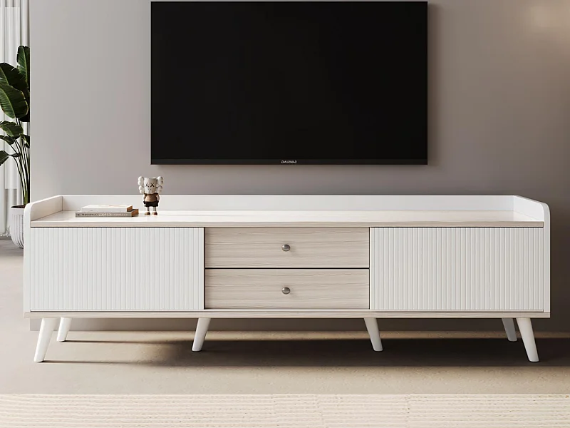 Meuble TV 160cm avec 2 tiroirs et 2 portes coulissantes - Blanc & Naturel