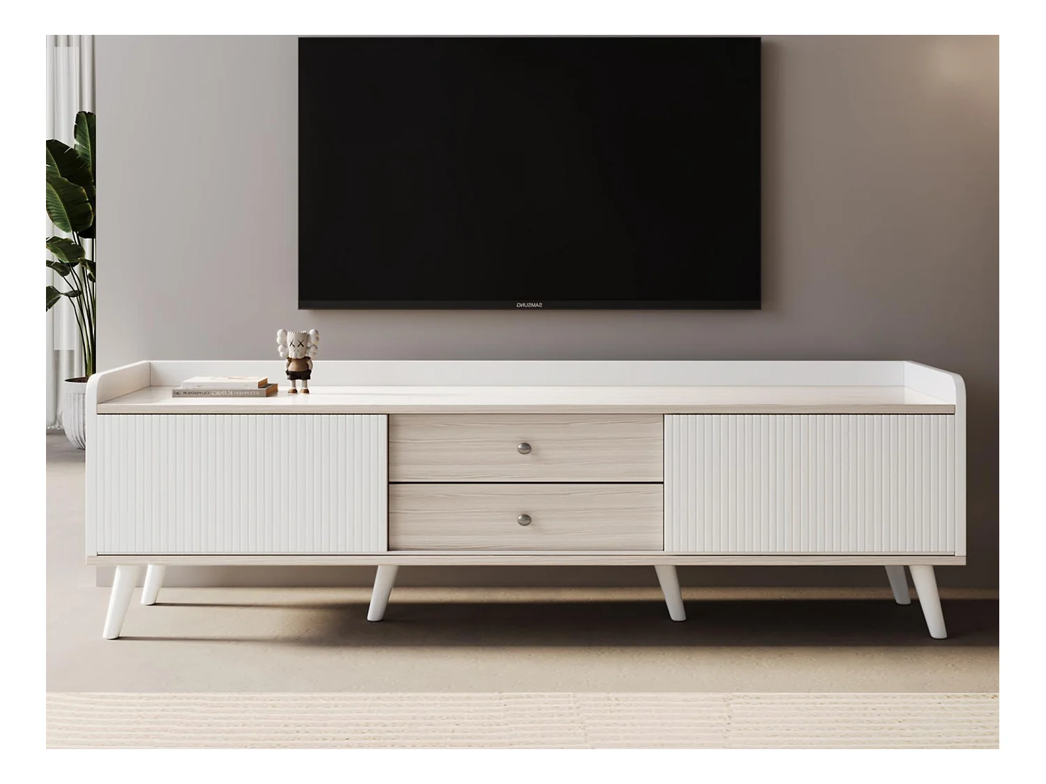 Meuble TV 160cm avec 2 tiroirs et 2 portes coulissantes - Blanc & Naturel