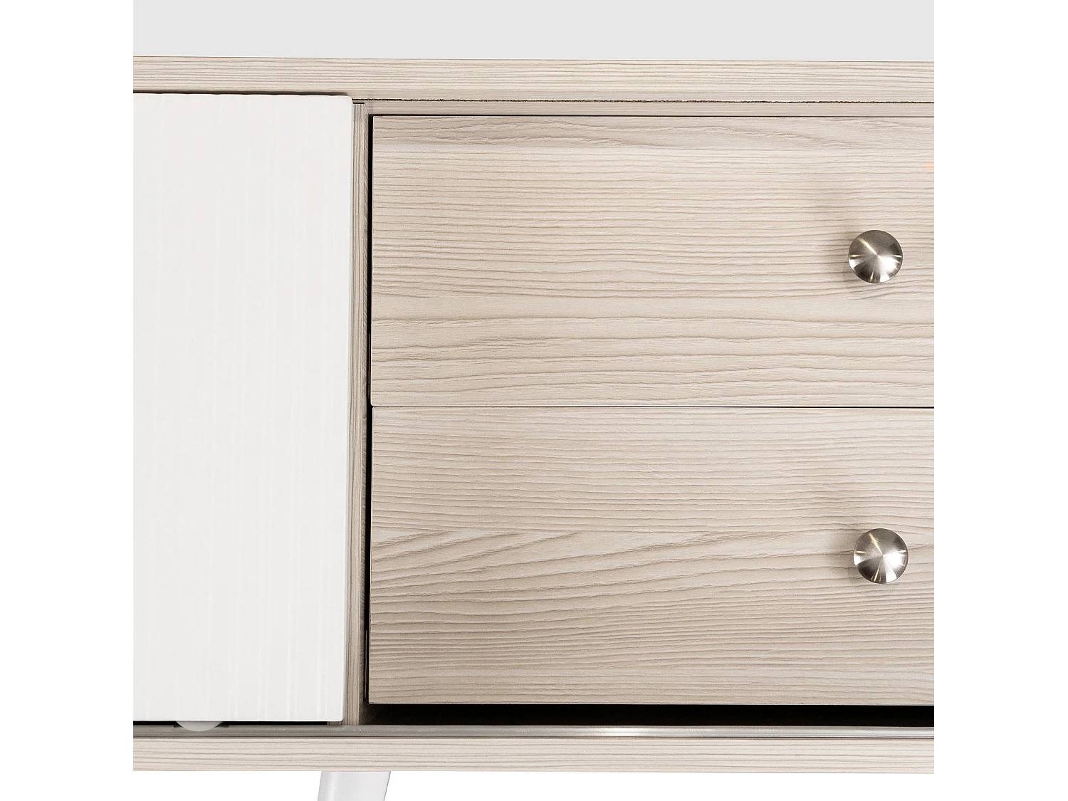 Meuble TV 160cm avec 2 tiroirs et 2 portes coulissantes - Blanc & Naturel