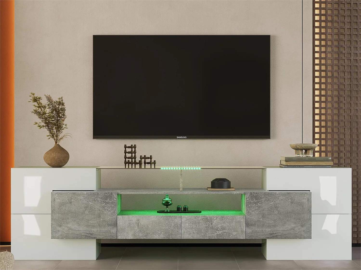 Mobile TV in legno da 2 m con 2 cassetti e 2 ripiani aperti - Grigio e bianco