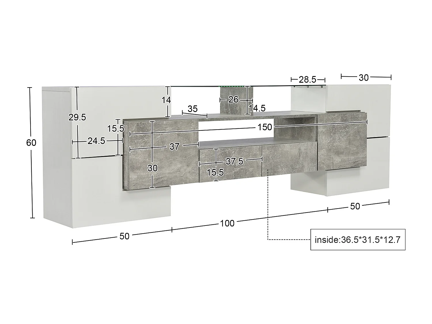 Mobile TV in legno da 2 m con 2 cassetti e 2 ripiani aperti - Grigio e bianco
