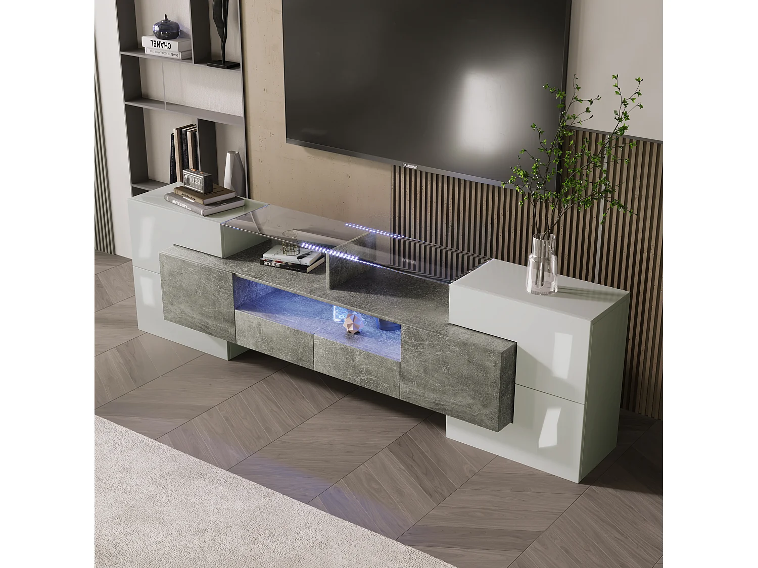 Mobile TV in legno da 2 m con 2 cassetti e 2 ripiani aperti - Grigio e bianco