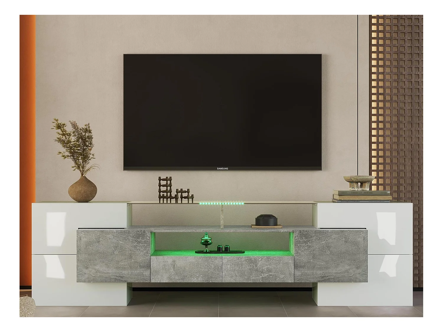Houten tv-meubel van 2 m met 2 laden en 2 open planken - Grijs en wit
