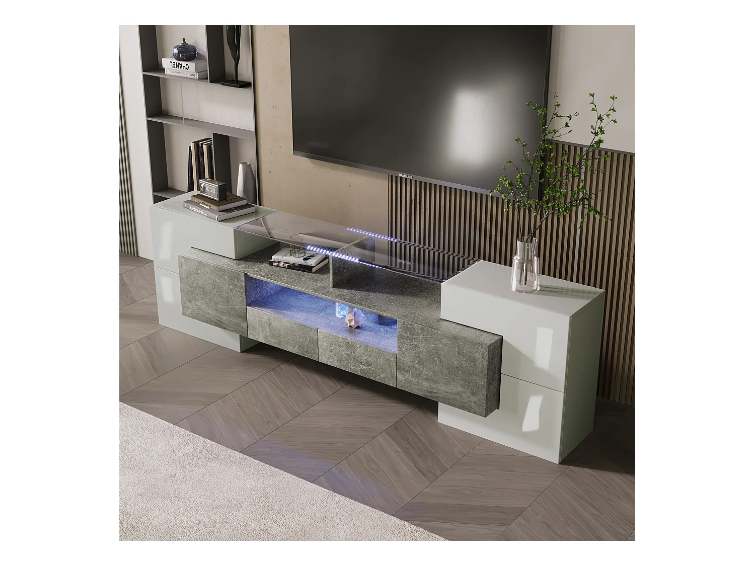 Meuble TV 2m en bois avec 2 tiroirs et 2 étagères ouvertes - Gris & Blanc