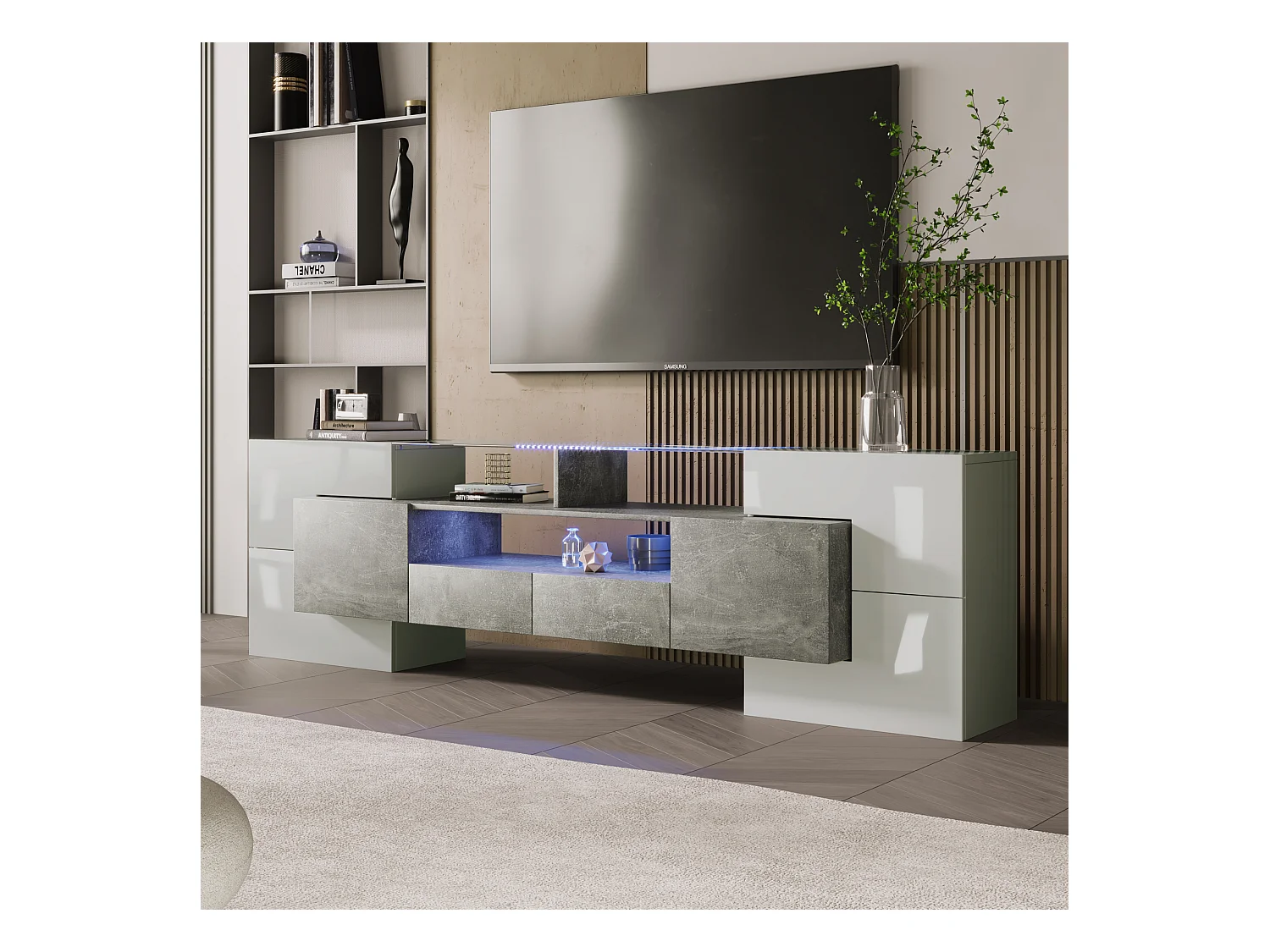 Meuble TV 2m en bois avec 2 tiroirs et 2 étagères ouvertes - Gris & Blanc