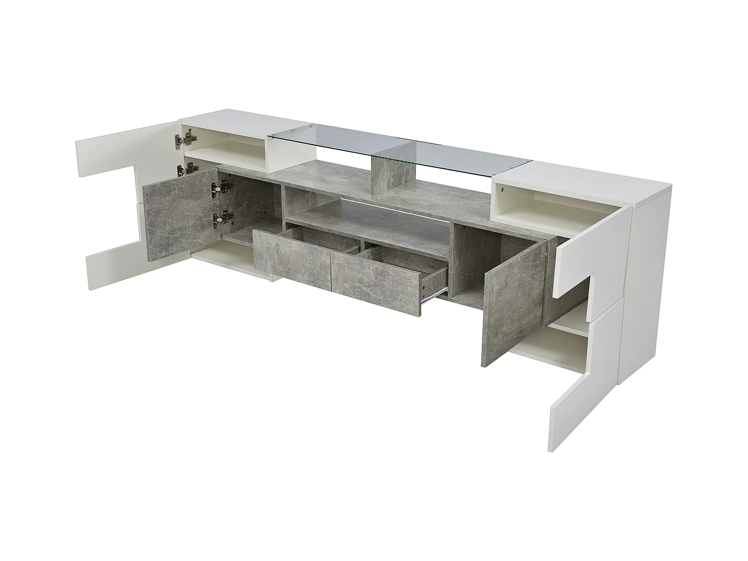 Meuble TV 2m en bois avec 2 tiroirs et 2 étagères ouvertes - Gris & Blanc