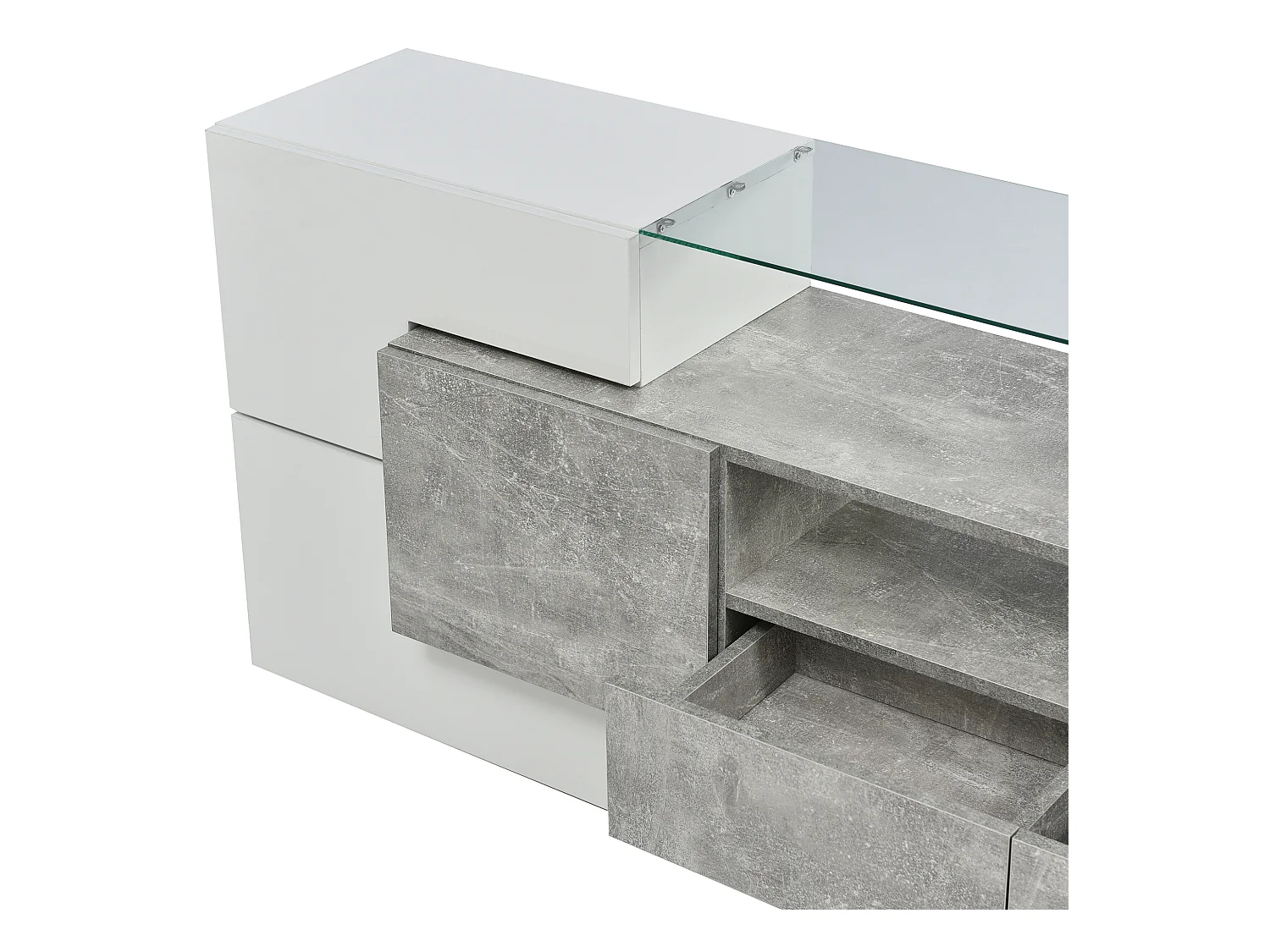 Meuble TV 2m en bois avec 2 tiroirs et 2 étagères ouvertes - Gris & Blanc