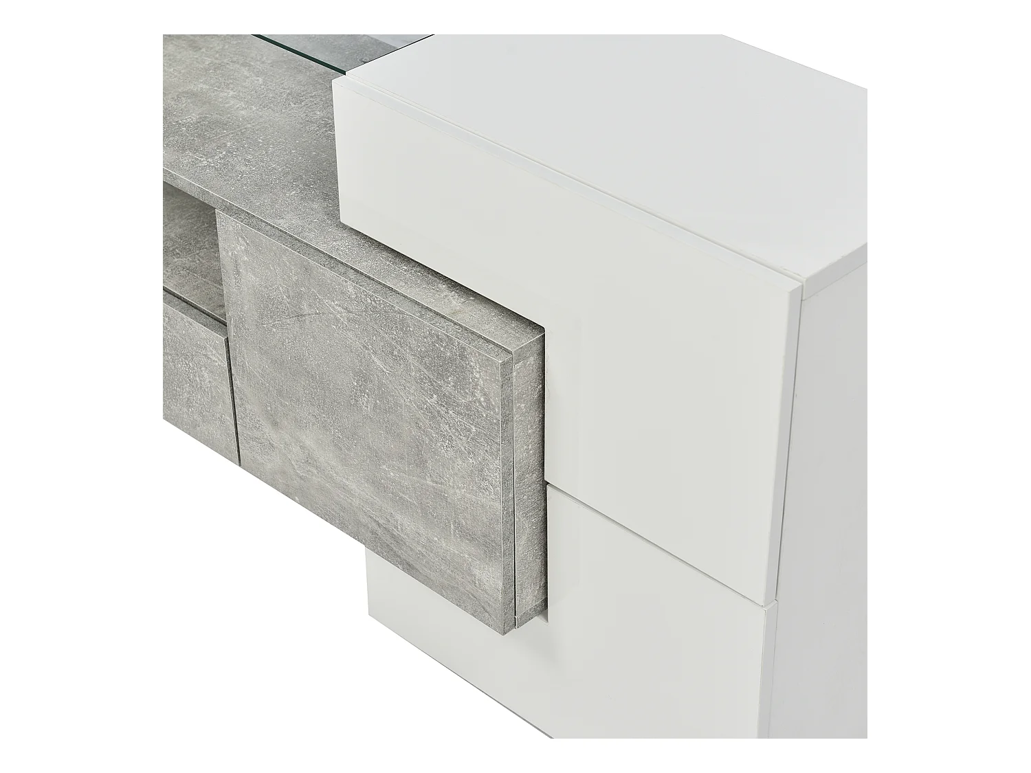 Meuble TV 2m en bois avec 2 tiroirs et 2 étagères ouvertes - Gris & Blanc