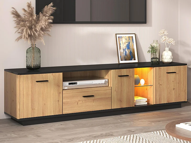 Meuble TV 180cm avec LED - 1 tiroir + 3 portes + 2 compartiments - Naturel