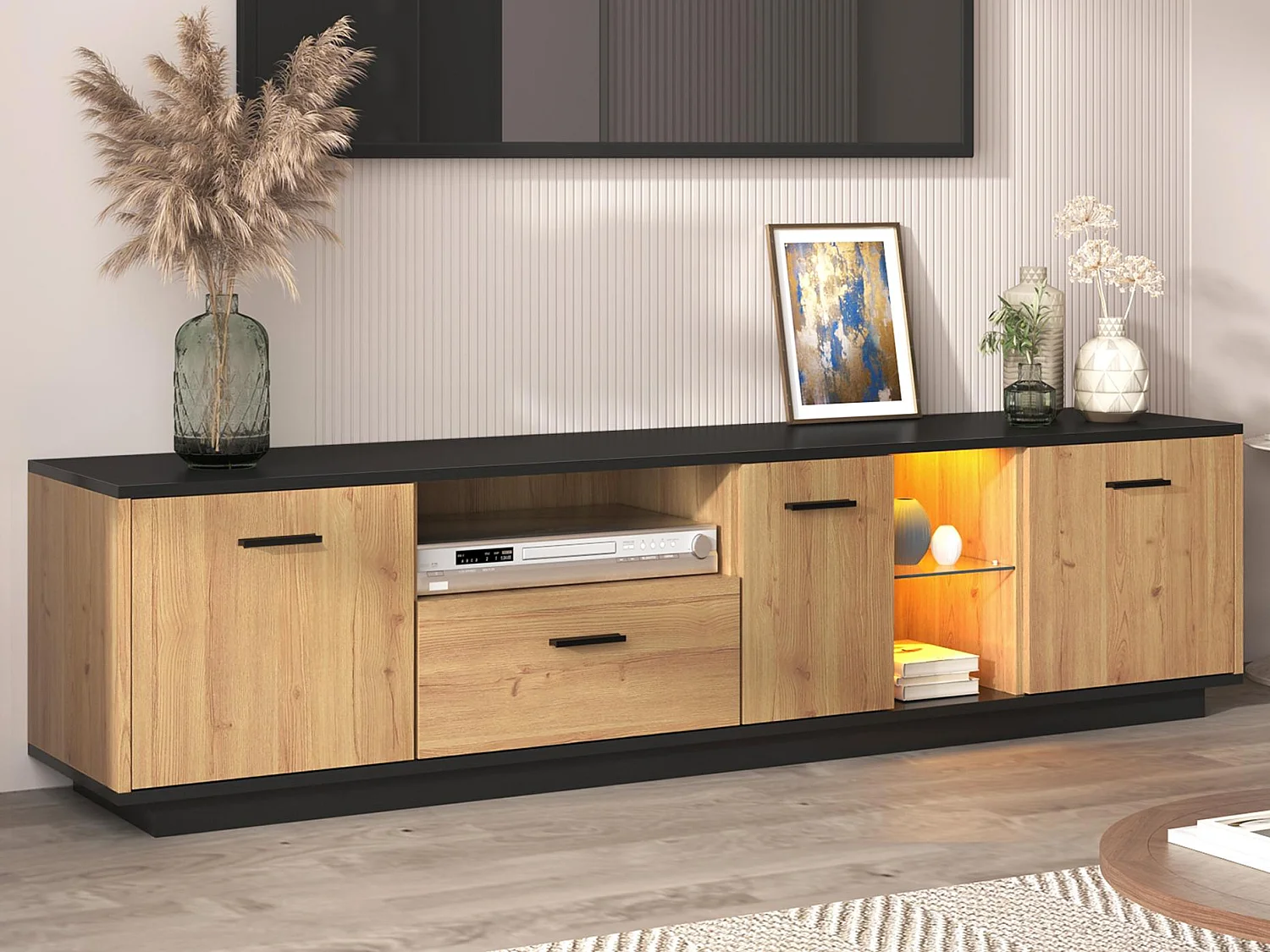 Meuble TV 180cm avec LED - 1 tiroir + 3 portes + 2 compartiments - Naturel