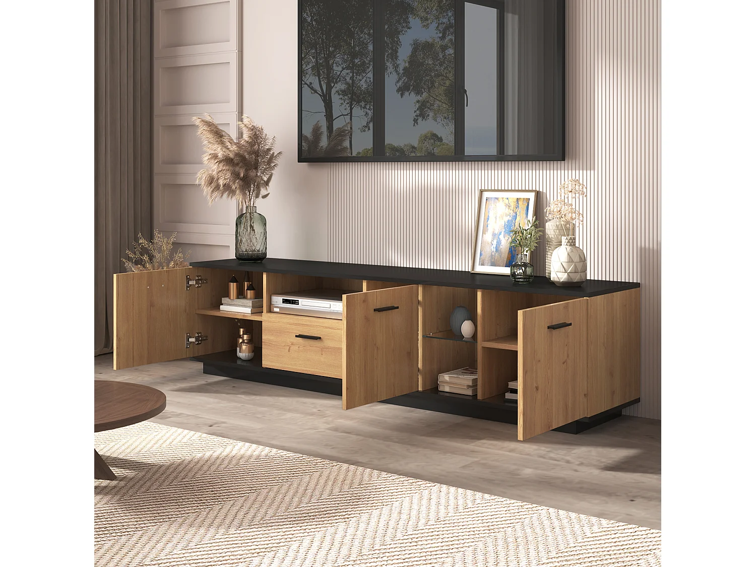 Meuble TV 180cm avec LED - 1 tiroir + 3 portes + 2 compartiments - Naturel