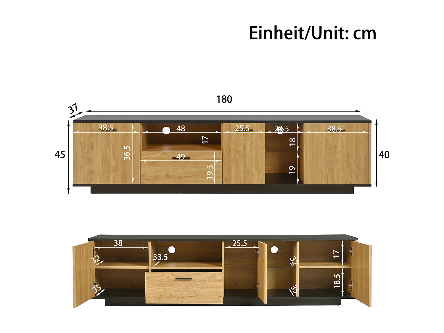 Meuble TV 180cm avec LED - 1 tiroir + 3 portes + 2 compartiments - Naturel