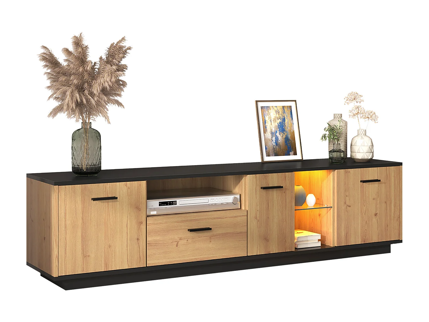 Meuble TV 180cm avec LED - 1 tiroir + 3 portes + 2 compartiments - Naturel