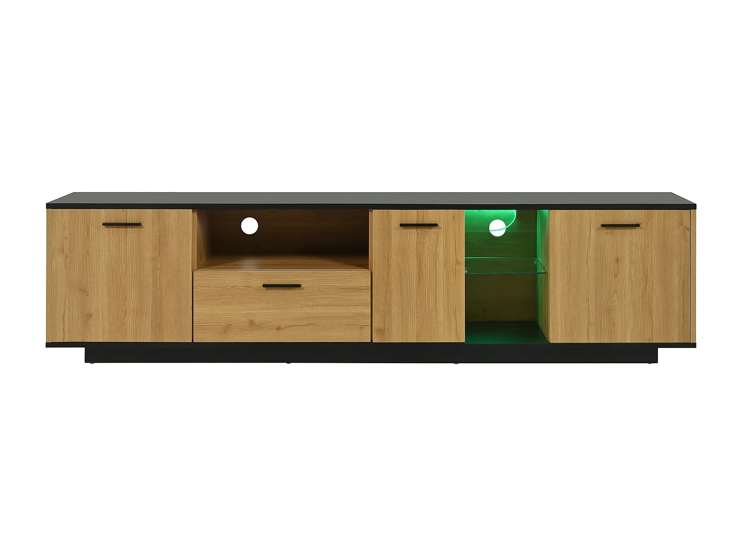 Meuble TV 180cm avec LED - 1 tiroir + 3 portes + 2 compartiments - Naturel