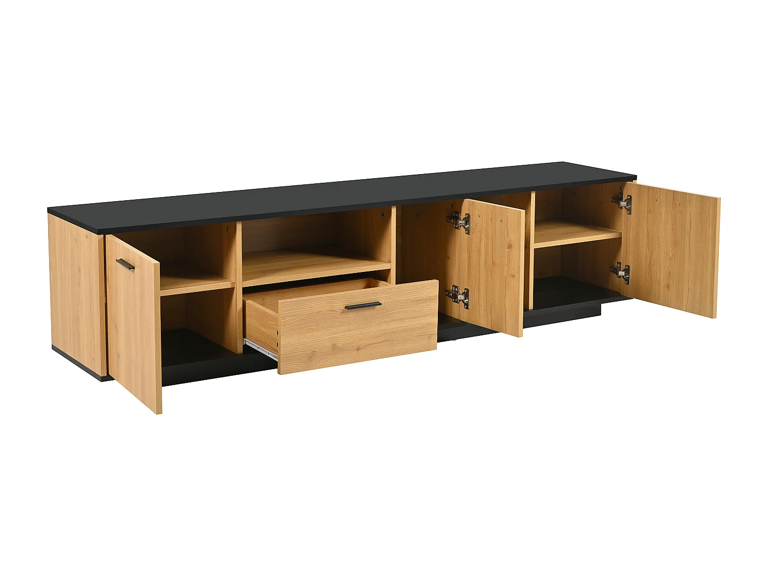 Meuble TV 180cm avec LED - 1 tiroir + 3 portes + 2 compartiments - Naturel