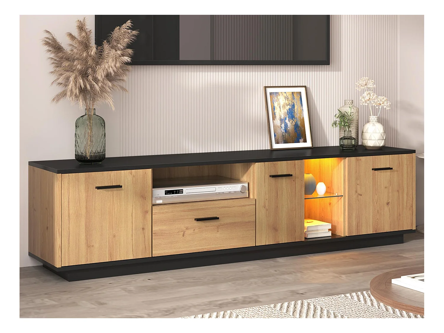 TV-meubel 180 cm met LED - 1 lade + 3 deuren + 2 vakken - Naturel