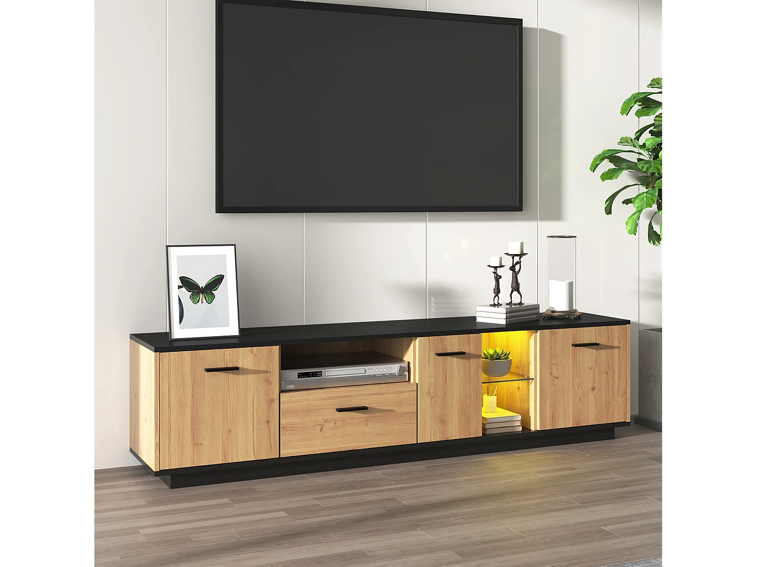 180 cm TV-Schrank mit LED – 1 Schublade + 3 Türen + 2 Fächer – Natur