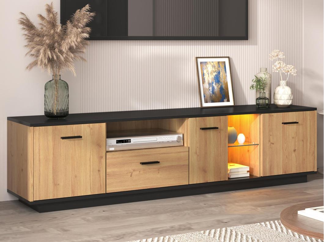TV-meubel 180 cm met LED - 1 lade + 3 deuren + 2 vakken - Naturel