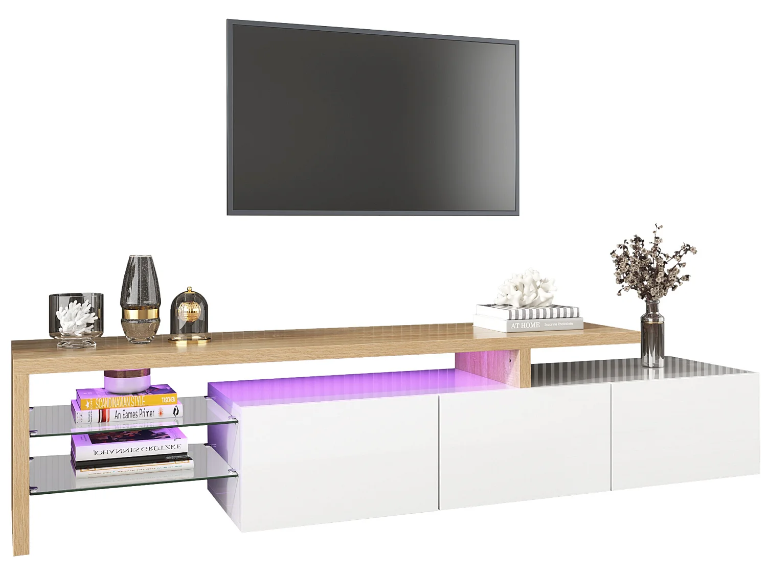 Modern TV-meubel 2m met 3 deuren en 2 glazen vakken - Wit & Naturel