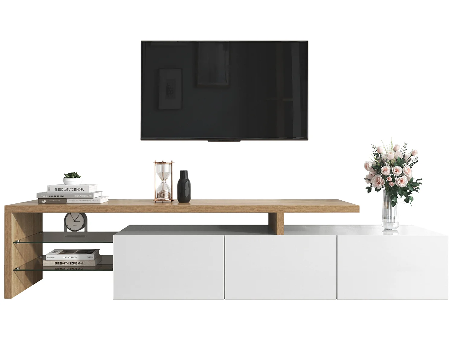Meuble TV 200 cm - 3 portes et 2 compartiments en verre - style moderne - Blanc & Naturel