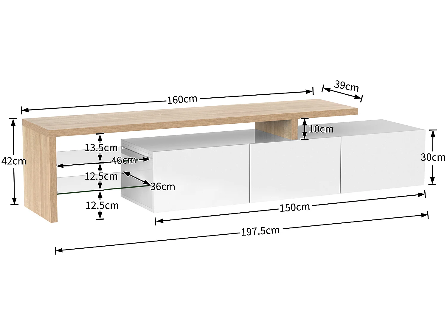 Meuble TV 200 cm - 3 portes et 2 compartiments en verre - style moderne - Blanc & Naturel