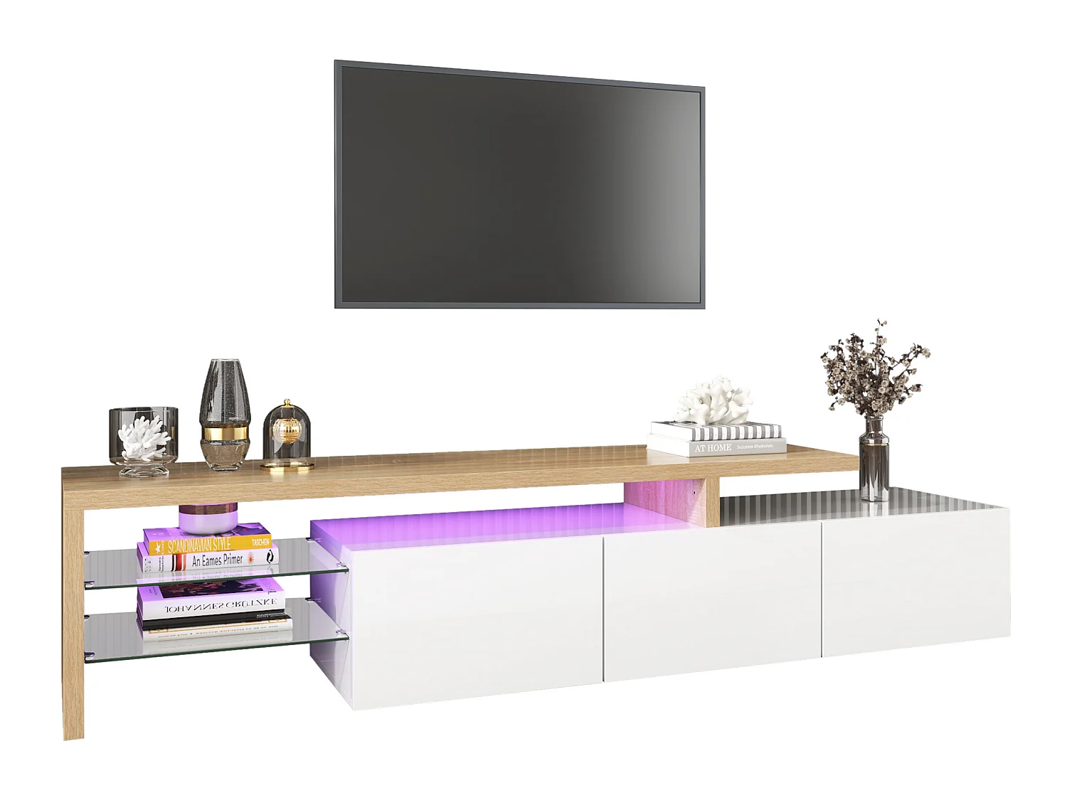 Meuble TV 200 cm - 3 portes et 2 compartiments en verre - style moderne - Blanc & Naturel