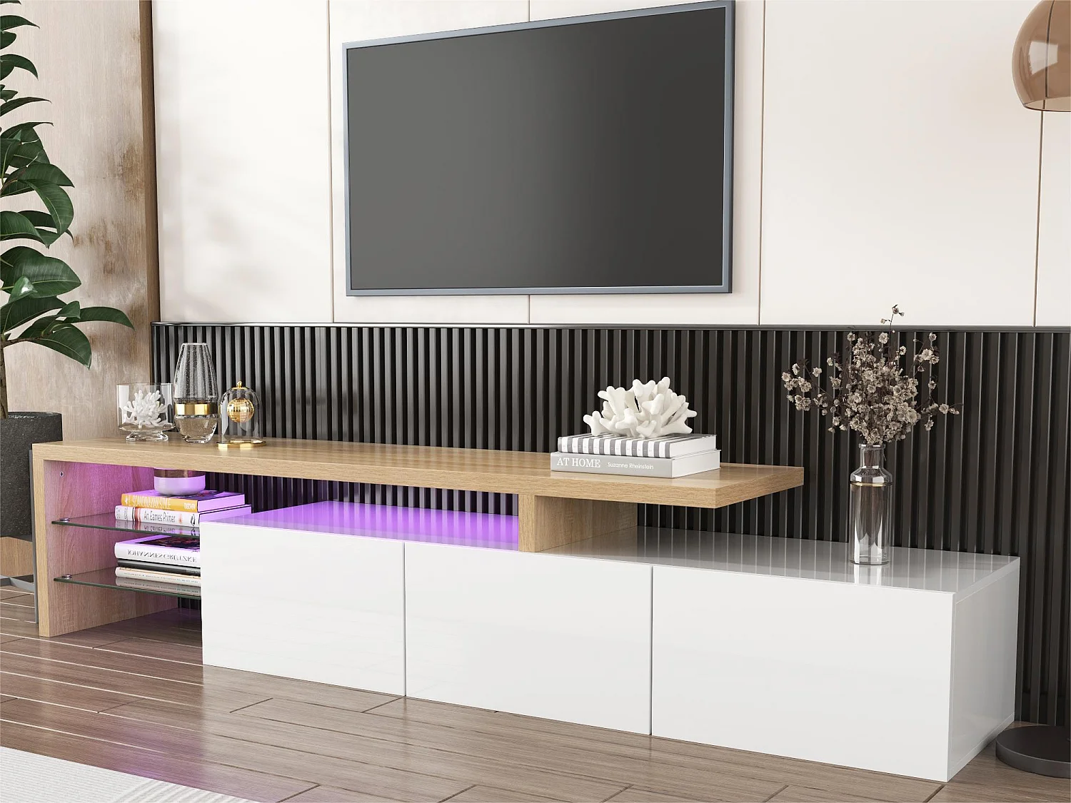 Meuble TV 200 cm - 3 portes et 2 compartiments en verre - style moderne - Blanc & Naturel