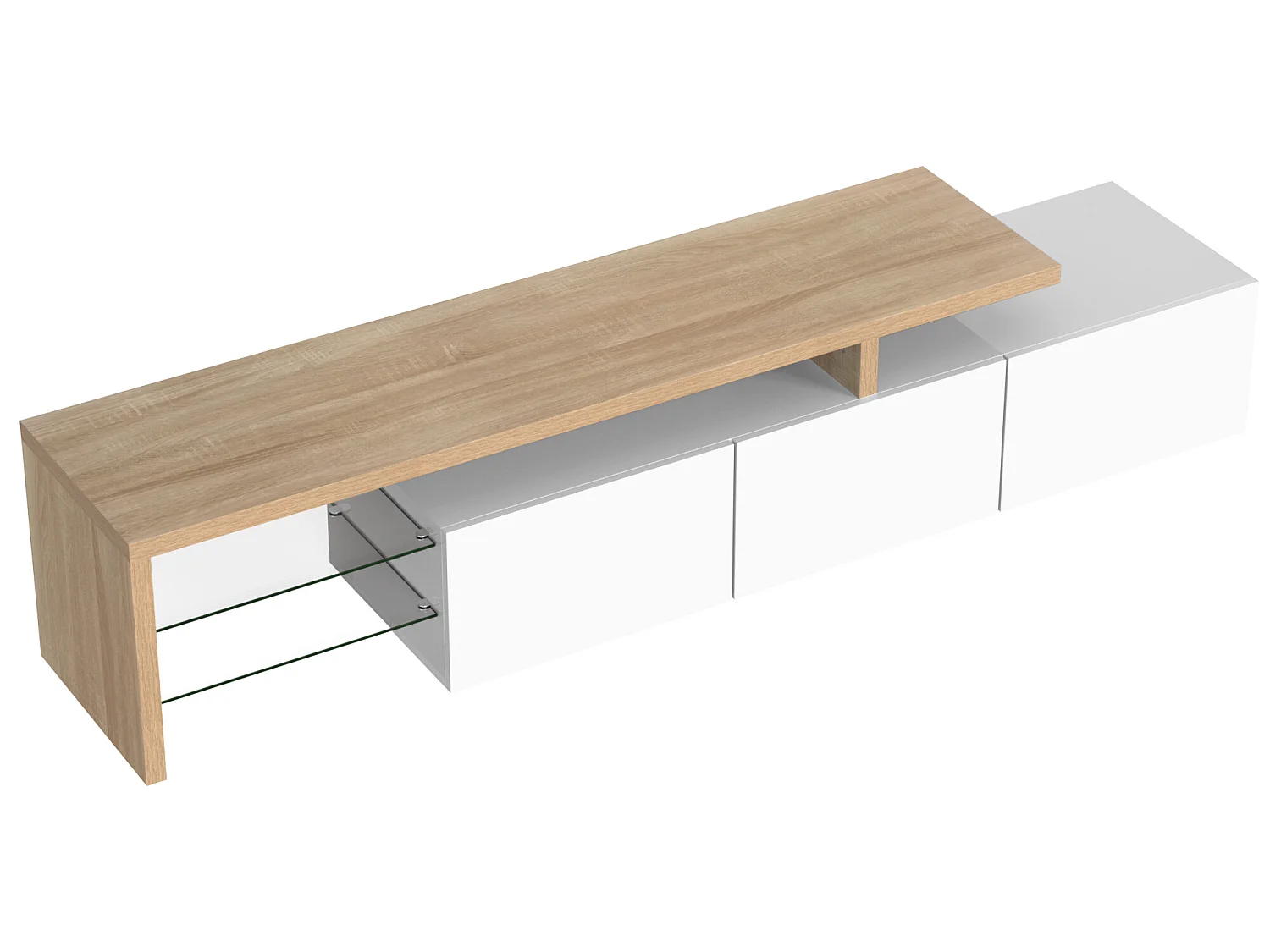 Meuble TV 200 cm - 3 portes et 2 compartiments en verre - style moderne - Blanc & Naturel