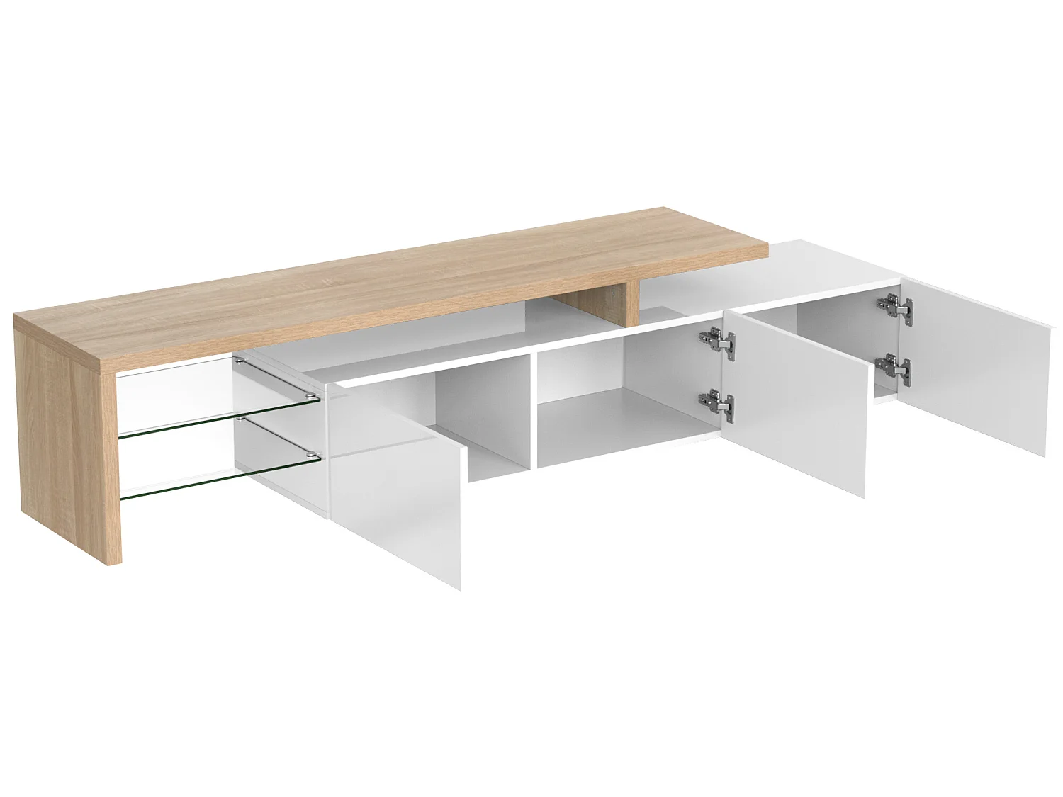 Meuble TV 200 cm - 3 portes et 2 compartiments en verre - style moderne - Blanc & Naturel